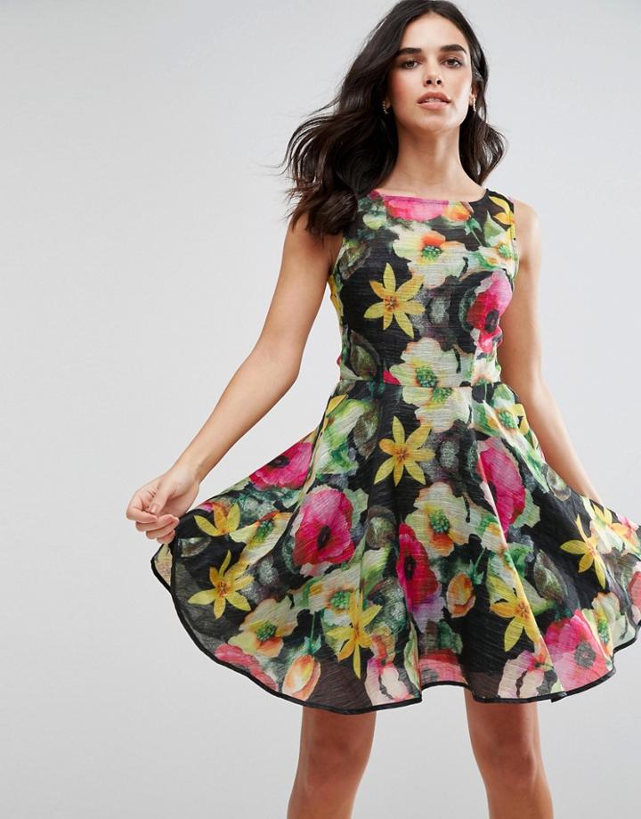 Ax Paris Floral Print Chiffono Skater Dress - Black