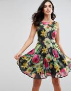 Ax Paris Floral Print Chiffono Skater Dress - Black