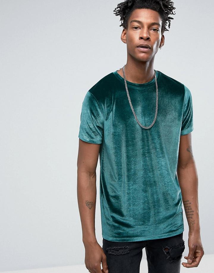 Asos T-shirt In Velour In Dark Green - Green