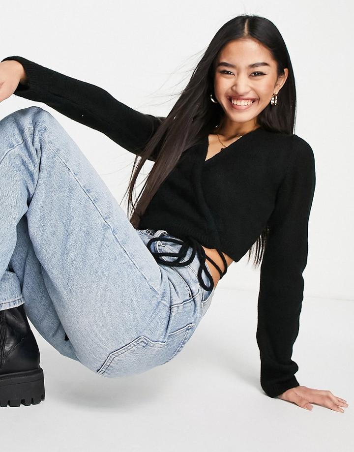 Topshop Knitted Crop Wrap Cardi In Black
