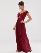 Asos Design Lace And Pleat Bardot Maxi Dress - Red
