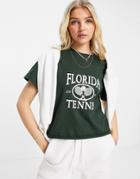 Miss Selfridge Short Sleeve Florida Tennis Slogan T-shirt In Forest Green