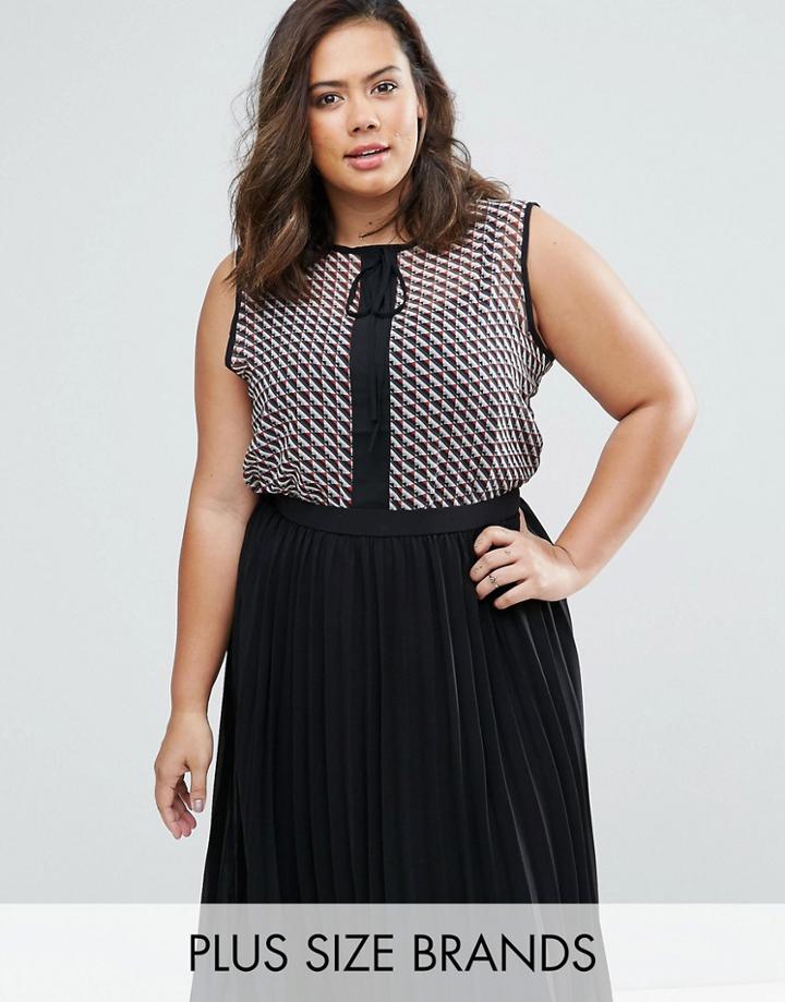 Elvi Plus Top In Geometric Print With Tie Neck - Black