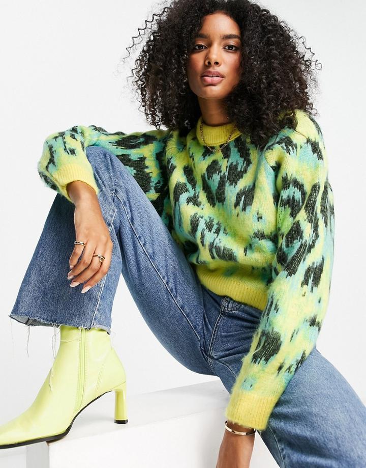 Asos Design Sweater In Animal Color Block Pattern In Lime-green