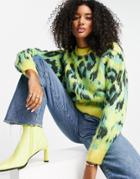 Asos Design Sweater In Animal Color Block Pattern In Lime-green