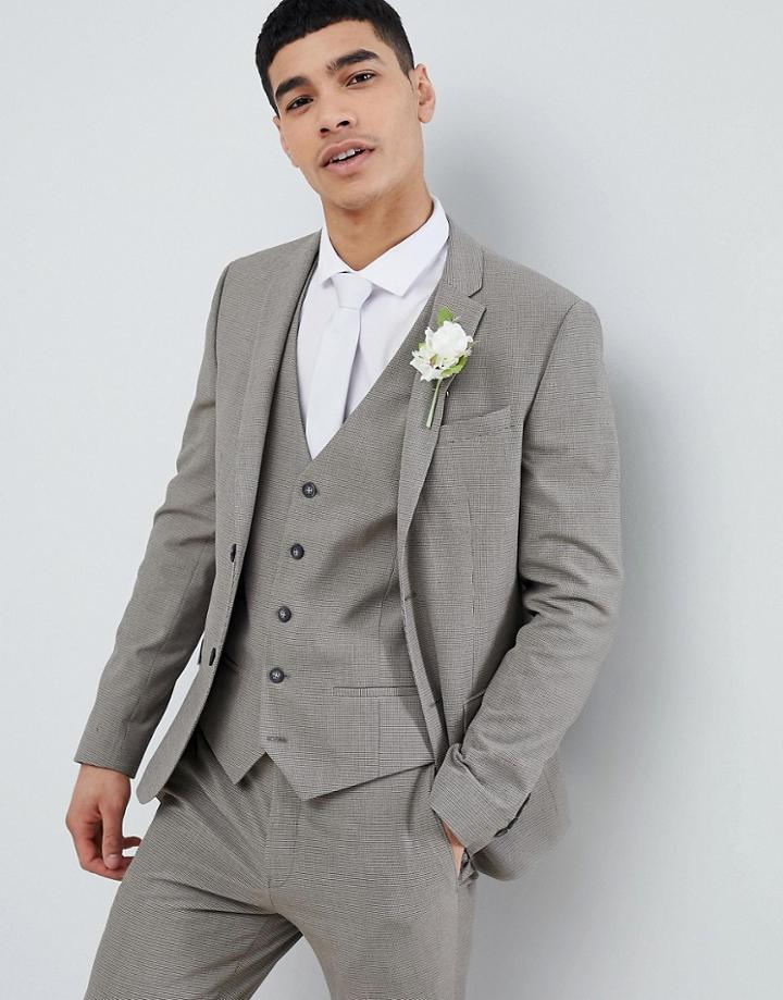 River Island Super Skinny Suit Jacket In Stone Dogstooth - Cream