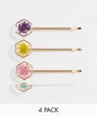 Asos Design Pack Of 4 Hair Clips In Trapped Flower Design-gold