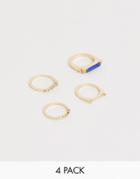Asos Design Pack Of 4 Rings With Semi-precious Stone And Ball Details In Gold Tone - Gold