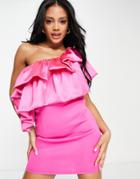 Asos Design One Shoulder Satin Ruffle Mini Dress In Pink-multi