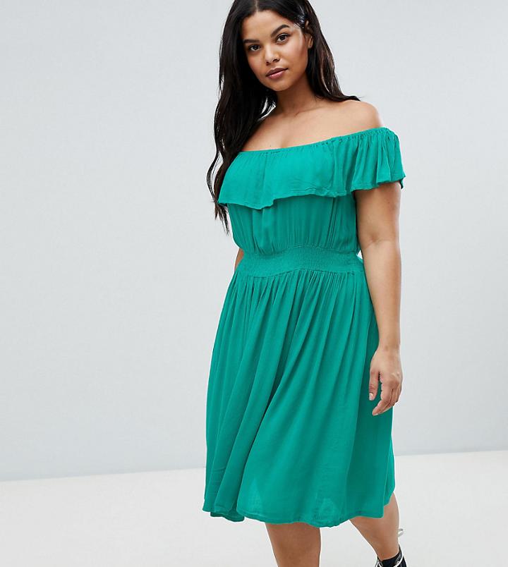Brave Soul Plus Petal Midi Dress With Frill Bardot - Green