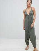 Asos Design Jersey Jumpsuit With Drop Crotch And Harem Pant - Green