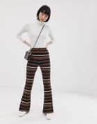 Asos Design Flare Pants In Stripe Jacquard With Tortoiseshell Buckle Detail-multi