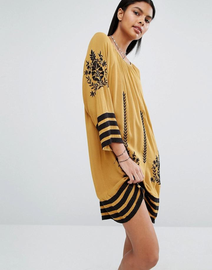 Vila Embroidered Tunic Dress - Brown