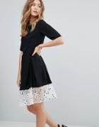 Traffic People 3/4 Sleeve Midi Dress With Lace Trim - Black