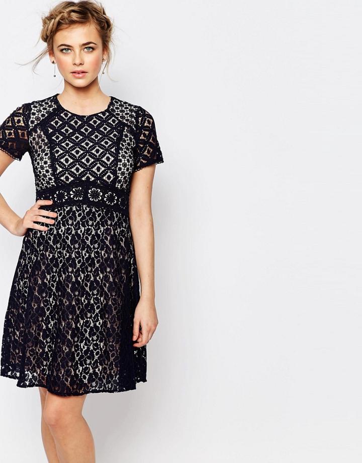Oasis Premium Lace Skater Dress - Blue