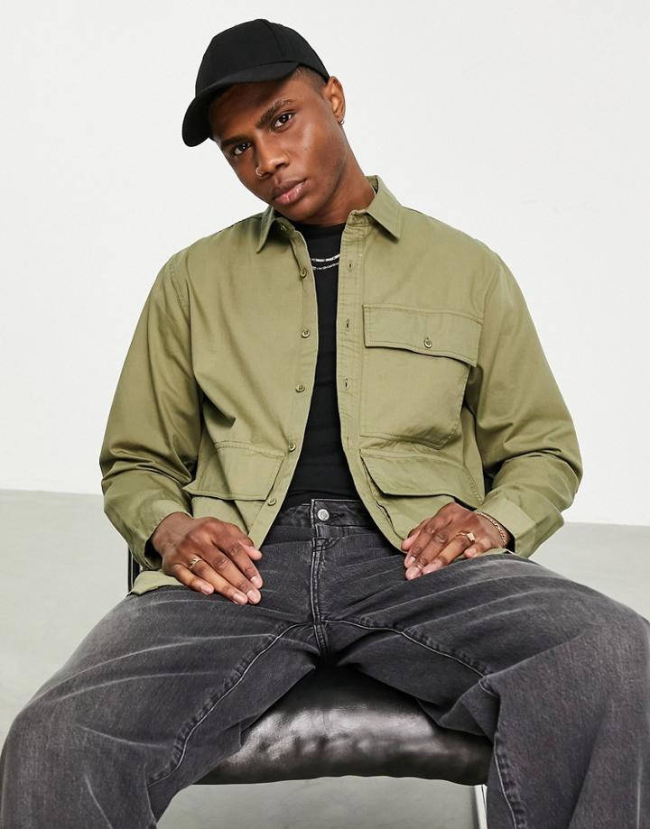 Topman Three Pocket Shirt In Khaki-green