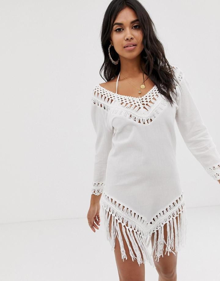 Asos Design Crochet Insert Dress With Tassels-white
