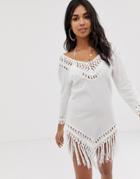 Asos Design Crochet Insert Dress With Tassels-white