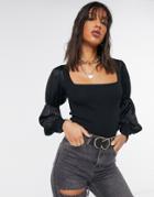 River Island Hybrid Square Neck Sweater With Satin Sleeve In Black