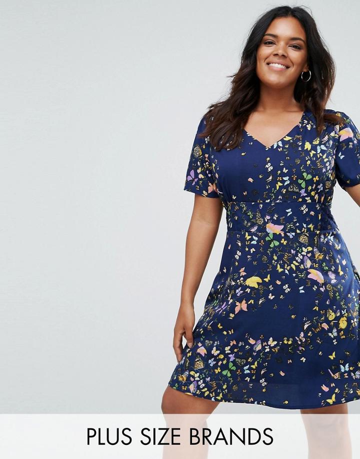 Yumi Plus Lace Trim Tea Dress In Butterfly Print - Navy