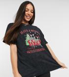 Asos Design Tall Christmas T-shirt With Skelly Family Christmas Motif In Washed Black-grey