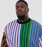 Asos Design Plus Oversized T-shirt In Bright Vertical Stripe With Contrast Neck - Multi