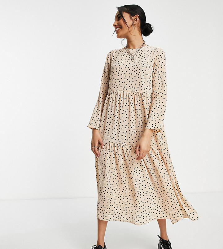 Asos Design Petite Long Sleeve Tiered Smock Midi Dress In Beige Spot Print-multi