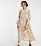 Asos Design Petite Long Sleeve Tiered Smock Midi Dress In Beige Spot Print-multi