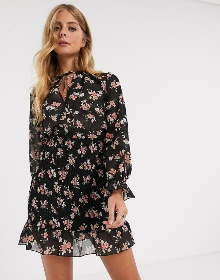 Asos Design Mini Dress With Shirred Skirt In Floral Print-multi