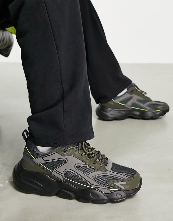 Asos Design Sneakers In Brown/khaki With Tech Details On Chunky Sole