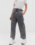 Asos Design Wide Leg Jeans With Cinch Waist Detail In Dark Charcoal Acid Wash - Black
