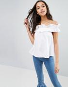 Asos Off Shoulder Top In Cotton With Ruched Edge - White
