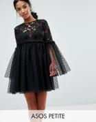 Asos Petite Lace And Dobby Mesh Fluted Sleeve Mini Smock Dress - Black