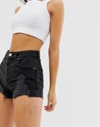 Asos Design Denim Aldenham Short With Raw Hem In Washed Black With Rips - Black