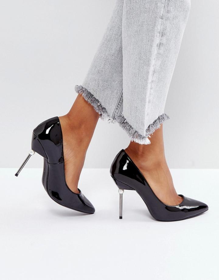 Bershka Vinyl Pearl Heel Court Shoe - Black