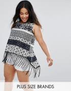 Diya Printed Top With Fringing Trim - Navy