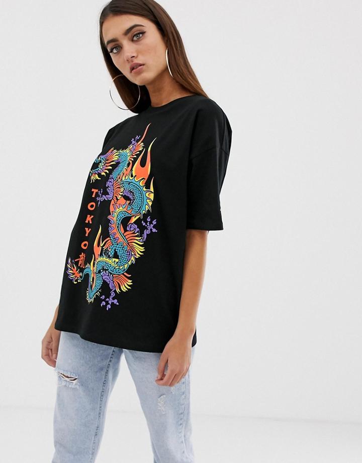 Asos Design Oversized T-shirt With Dragon Print - Black
