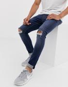 Asos Design 'cigarette' Skinny Jeans In Dark Wash With Knee Rips-blue