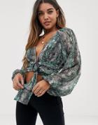 Asos Design Long Sleeve Plunge Top With Buckle Front And Kimono Sleeve In Snake Animal Print - Multi