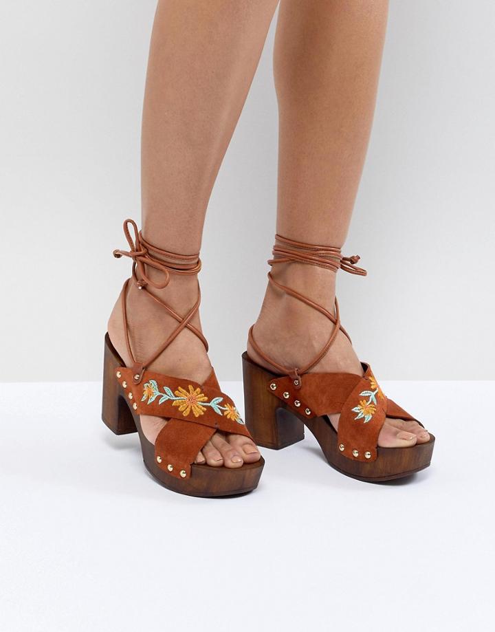 Asos Design Trey Suede Embroidered Heeled Sandals - Brown