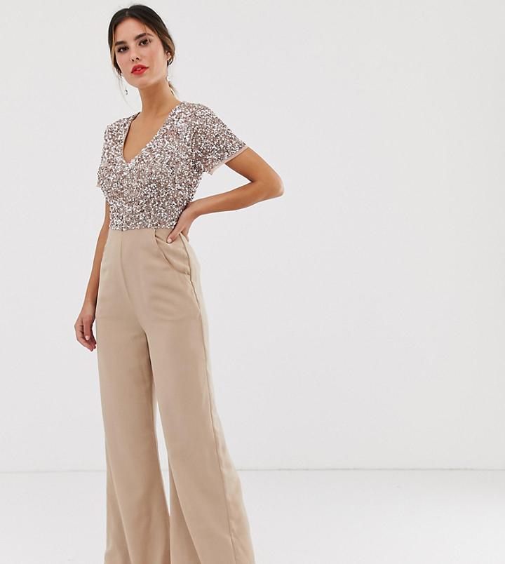 Maya V Neck Delicate Sequin Jumpsuit In Taupe Blush-pink