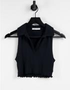 Pull & Bear V-neck Polo Crop Top With Lettuce Edge In Black