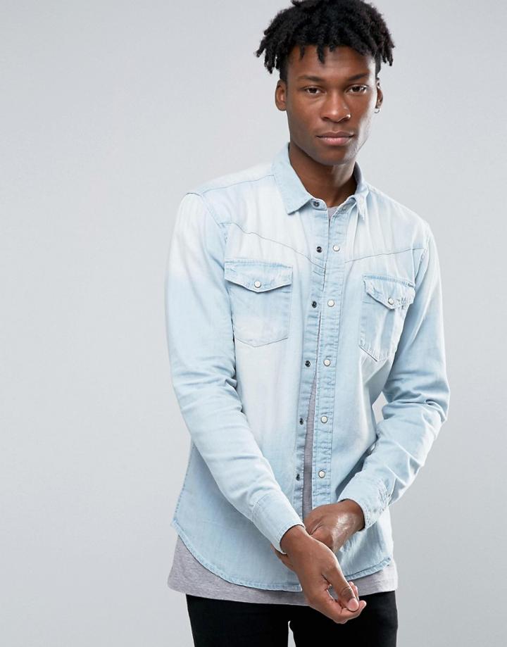 Pull & Bear Denim Shirt In Light Wash Blue In Regular Fit - Blue