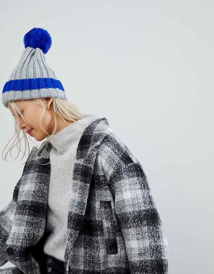 Brave Sould Ribbed Hat With Faux Pom And Contrast Tipping In Electric Blue - Gray