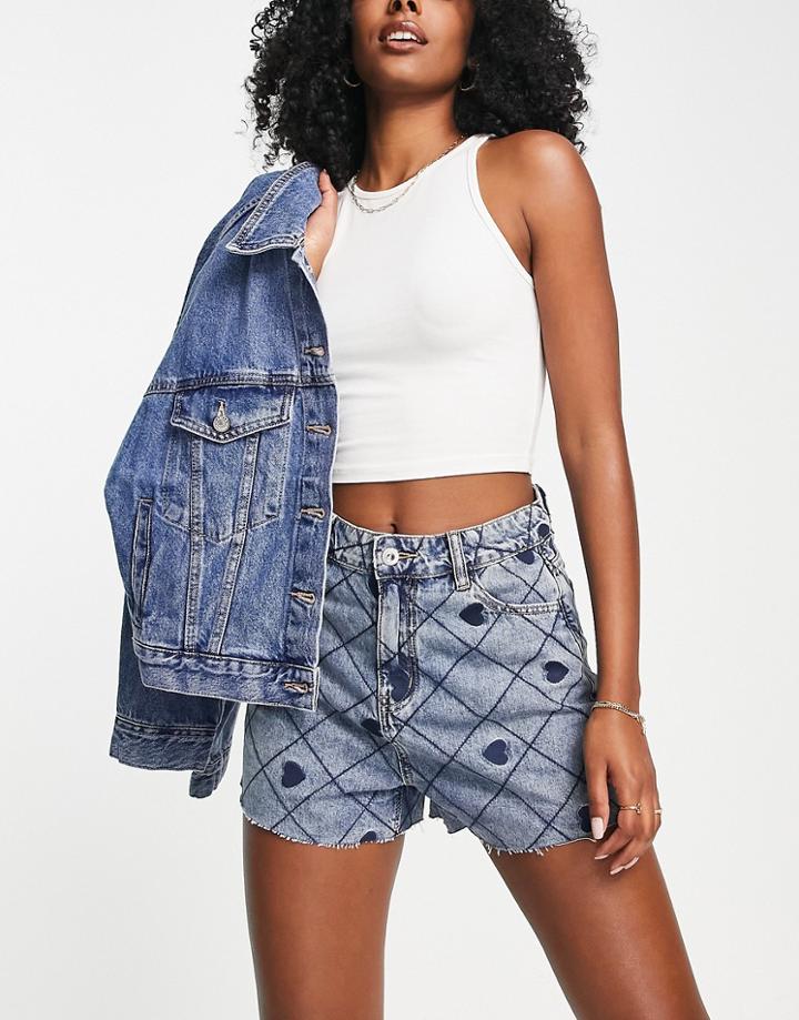 Urban Revivo Heart Denim Shorts In Blue