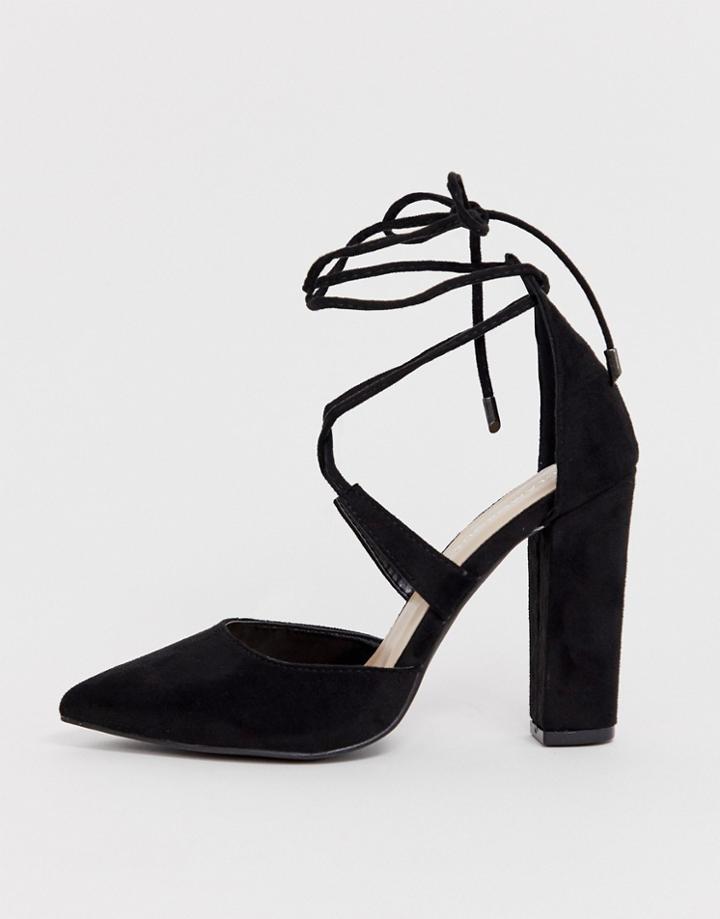 Glamorous Block Heeled Tie Up Pumps-black