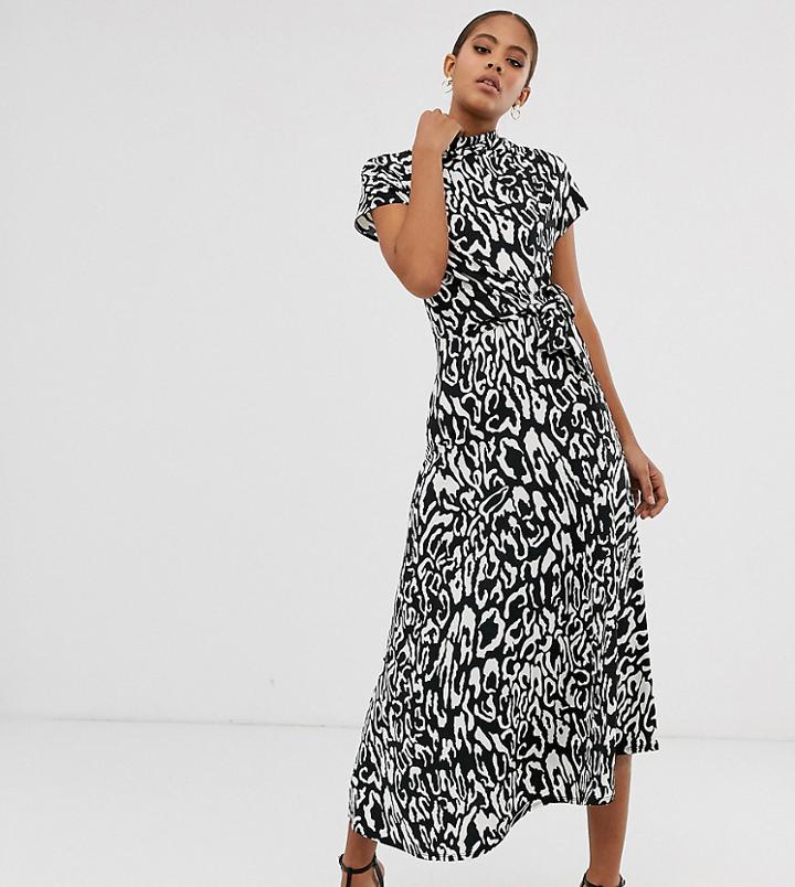 Asos Design Tall Cowl Neck Tie Waist Maxi Dress In Mono Animal - Multi