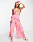 Asos Design Wide Leg Beach Jumpsuit In Sunset Marble Print With Head Scarf-multi