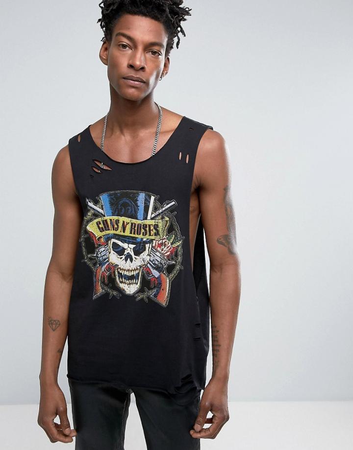 Asos Guns N Roses Sleeveless Band T-shirt With Extreme Dropped Armhole And Distress - Black