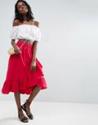 Asos Wrap Midi Skirt In Cotton With Ruffle Hem - Red